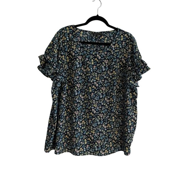 Lane Bryant Women Plus Sz 20 Navy Blue Ditsy Floral Flutter Sleeve Crew Neck Top - Picture 1 of 9